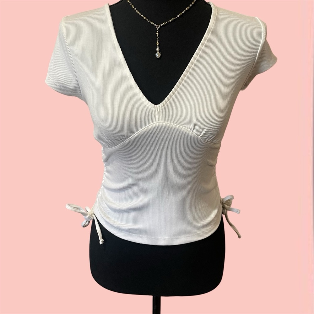 White V-Neck Ruched Women’s Top